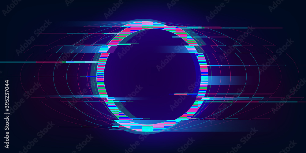 Poster glitch circle. distorted glowing circle cyberpunk style. futuristic round shape with tv interference