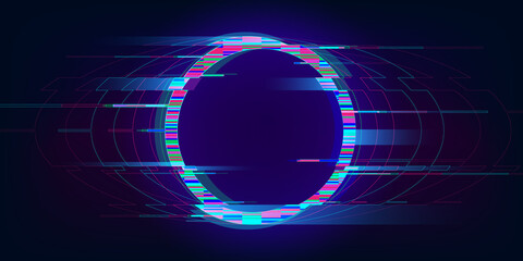 Glitch circle. Distorted glowing circle cyberpunk style. Futuristic round shape with TV interference effect. Design for promo music events, games, web, banners, backgrounds. Vector illustration