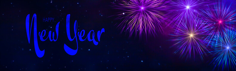Happy New Year lettering in front of dark blue night sky with fireworks - New Years background banner