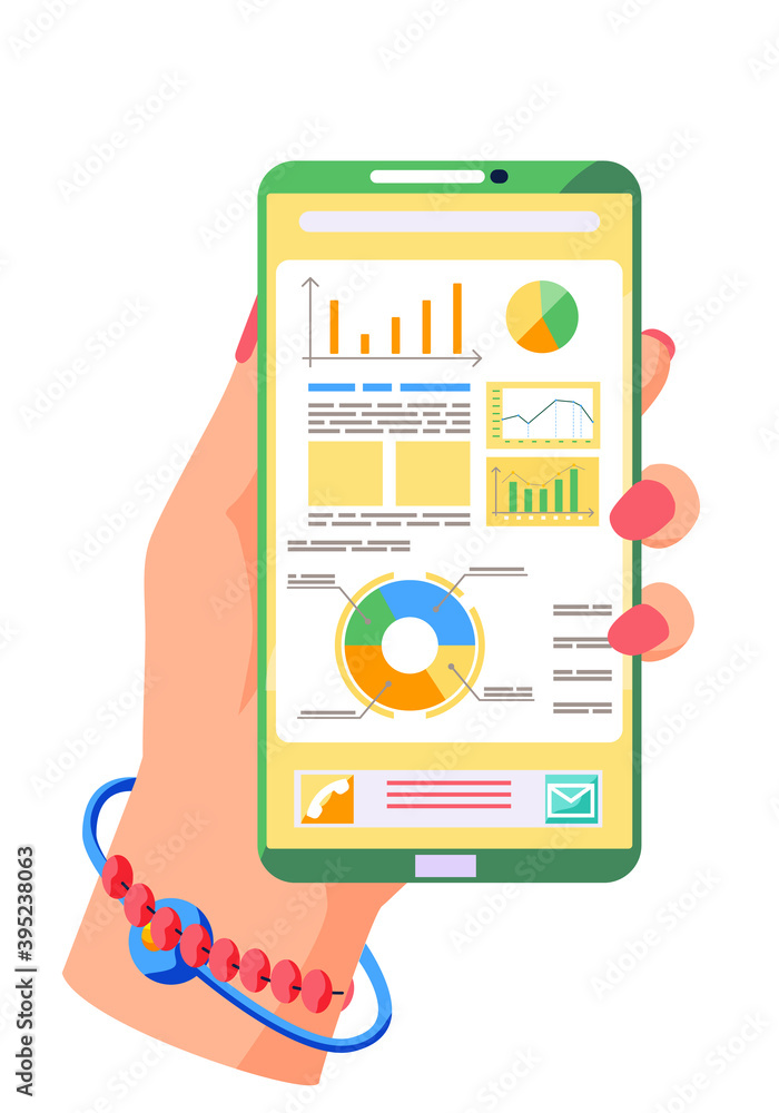 Poster flip chart with dynamics of chart changes, graph and diagram with captions. analytical phone screen 