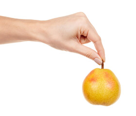 Hand with fresh yellow pear isolated on white background.