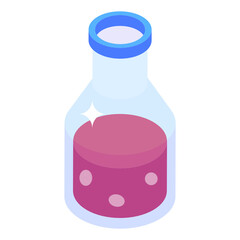 
Lab flask with liquid, isometric icon of chemical bottle
