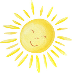 Watercolor cartoon sun on a white background. Hand-drawn card for kids.Watercolour summer illustration