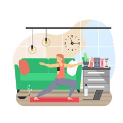 Daily life. Young woman doing yoga exercises, flat vector illustration. Home yoga, healthy lifestyle.