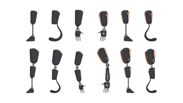 A set of prostheses for people. Hand and leg prosthesis in flat style. Vector.
