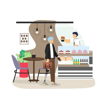 Disabled businessman with prosthetic arm and leg buying coffee in cafe, flat vector illustration.