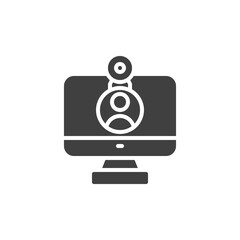 Computer video call vector icon. PC monitor with webcam filled flat sign for mobile concept and web design. Online video chat glyph icon. Symbol, logo illustration. Vector graphics