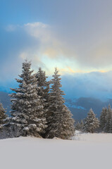 Fototapeta na wymiar Sunrise over the mountain winter landscape.