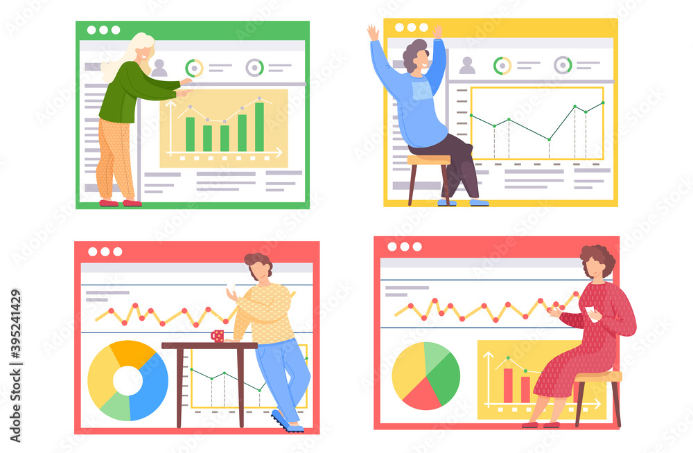 Poster a set of illustrations on the topic of working with data graphs. people play games and do analytics.