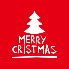 Fototapeta na wymiar Holiday white vector lettering Merry Christmas. Illustration with Christmas tree on red background.