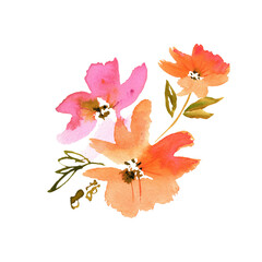 Watercolor hand painted 
pink and orange flowers. Elements for design of invitation, greeting card