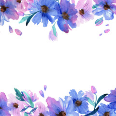 Obraz na płótnie Canvas Cute watercolor hand painted background with purple flowers. Invitation. Wedding card. Birthday card.