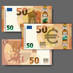 Set of new paper money in the style of the European Union. Orange 50 euro banknote with arched window and bridge. EPS10 - obrazy, fototapety, plakaty