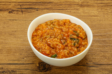 Traditional Georgian Kharcho soup with meat