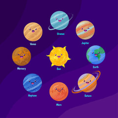 Set of cute planets of the solar system in cartoon style. Vector colorful illustration in flat style with texture.