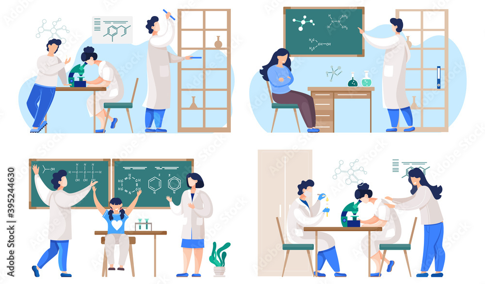 Aufkleber professional chemists in their laboratory makes different experiments on the table with fkasks. scie