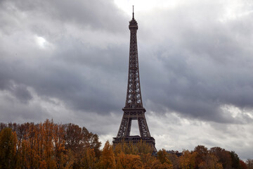 Eiffel tower with autumn leafs, Paris, France.