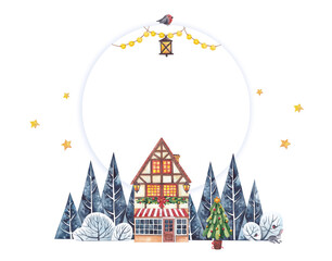Watercolor illustration with Christmas house and winter trees on a starry sky background. There is a decorated Christmas tree in the courtyard. Watercolor frame, round shape.
