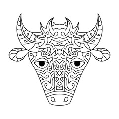 Coloring book for adults and children Bull or cow. Drawing of an animal. Engraving or printing on products. Hand drawn outline