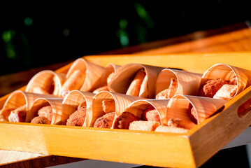 Tray with croquettes served to eat at a wedding banquet.
