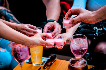 Set of people toasting with a drink.