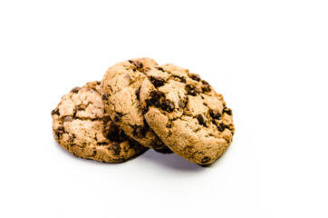 Close-up of homemade chocolate chip cookies isolated on white background.