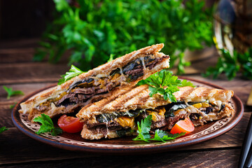 Grilled club sandwich panini with beaf, tomato, cheese and leaf mustard. Delicious breakfast or snack.