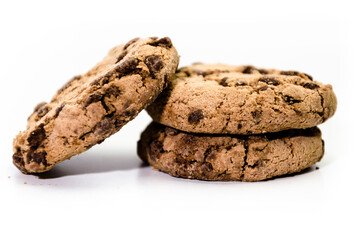 Close-up of homemade chocolate chip cookies isolated on white background.