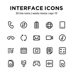 Set of interface line icons, containing phone, battery, dictionary, music, camera, game and other icons with a white background.