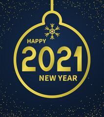 Happy new year 2021 text. Gold numbers inside the New Year's ball on a dark background. Template for your holiday flyers, greeting and invitation cards, website headers, advertisements. Vector
