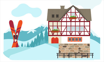 Winter Germany house in a cozy snowy panorama. Winter village landscape with skis. 
Winter Christmas landscape for banners, greeting cards. Vector flat illustration for 
background with space for text