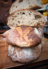 Hand made fresh bread loaves on sale at an Artisan market in England