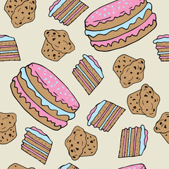 Vector Holiday or Birthday Seamless Pattern with Hand Drawn Doodle Cakes.