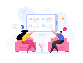 People ordering web food at home in app cartoon illustration.