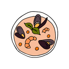 Vector hand drawn bouillabaisse. French cuisine dish. Mussels seafood. Design sketch element for menu cafe, bistro, restaurant, label and packaging. Colorful illustration on a white background.