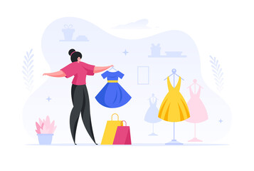 Woman buying new fashionable dress in store cartoon illustration.