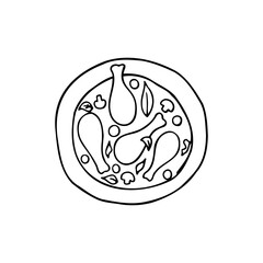 Vector hand drawn coq au vin on plate top view. French cuisine dish. Design sketch element for menu cafe, bistro, restaurant, label and packaging. Illustration on a white background.