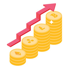 
Different currency coins with upward arrows, money growth icon
