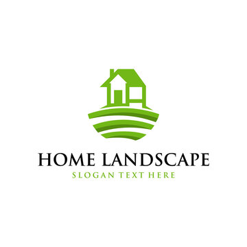 house logos with flat and abstract models., green landscape nature line art logo design
