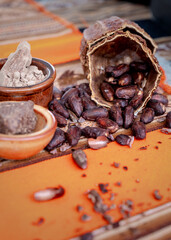 Raw ( cocoa ) chocolate beans at an artisan food market.