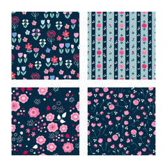 Set of seamless pretty patterns with decorative flowers and leaves. Floral background for textile, fabric manufacturing, wallpaper, covers, surface, print, gift wrap, scrapbooking. Vector.