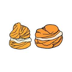 Vector hand drawn profiterole. French cuisine dessert. Design sketch element for menu cafe, bistro, restaurant, bakery, label and packaging. Colorful illustration on a white background.