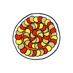 Vector hand drawn ratatouille on plate top view. French cuisine dish. Design sketch element for menu cafe, bistro, restaurant, bakery, label and packaging. Colorful illustration on a white background.