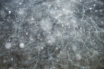 ice traces of skates texture, abstract background, top view aerial photography traces of hockey skates