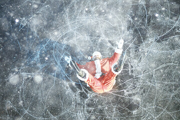 Santa Claus skating on the ice of the lake, slipped, lies down, Santa loser