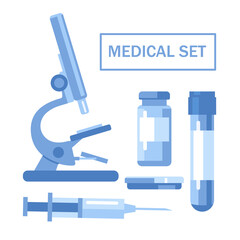 Medical set. Microscope, test tube, medicine bottle, petri dish, syringe. Vector illustration, flat style. Isolated on white.