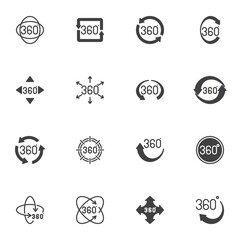 360 degrees view vector icons set, modern solid symbol collection, filled style pictogram pack. Signs, logo illustration. Set includes icons as angle 360 degrees, panoramic view arrow