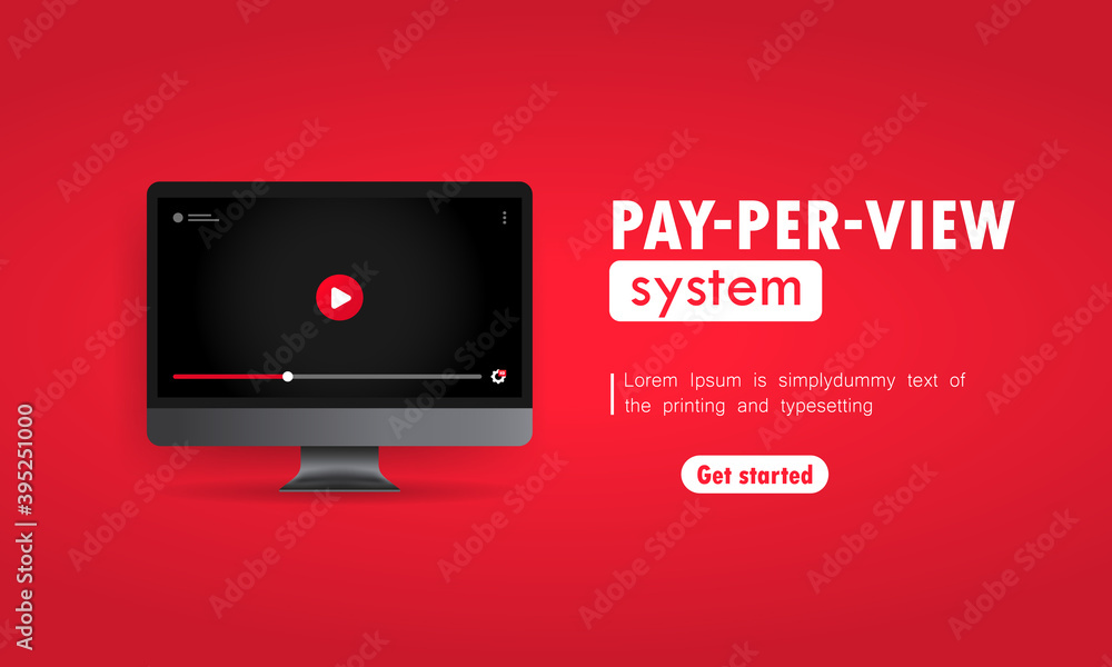 Poster pay per view system illustration. computer with video player on display. vector on isolated backgrou