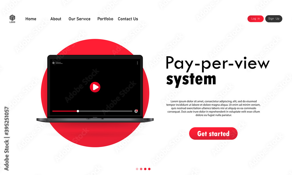 Poster pay per view system illustration. laptop with video player on display. vector on isolated white back