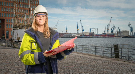 female engineer holding a clipboard in front of hamburg port background